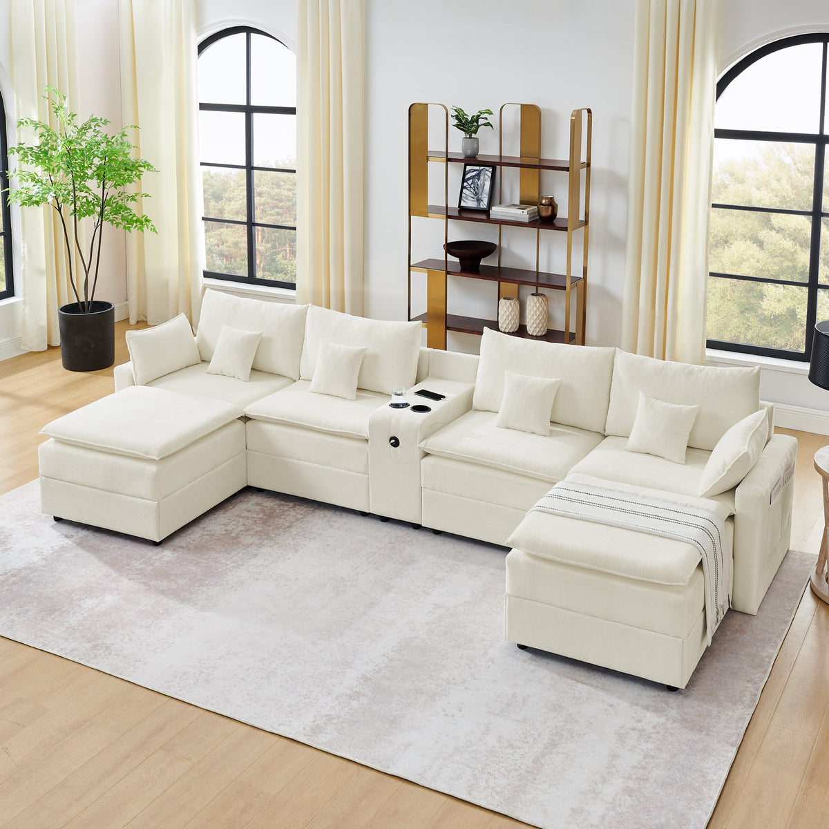 143.8'' U-shaped Modular Sectional Sofa with Center Console, Cup Holder, USB Charger,Movable Ottoman,Modern Comfy 4-6 Seater Chenille Cloud Couch for Spacious Living Room, Beige
