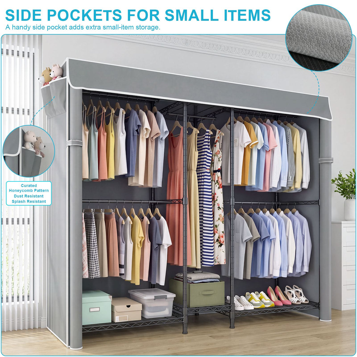 Heavy Duty Closet Organizer System, Freestanding Clothing Rack with Shelves, Adjustable Garment Rack with Grey Cover & Side Pocket, Portable Closets for Hanging Clothes, 72.8''×17.7''D×76.77''H, Black