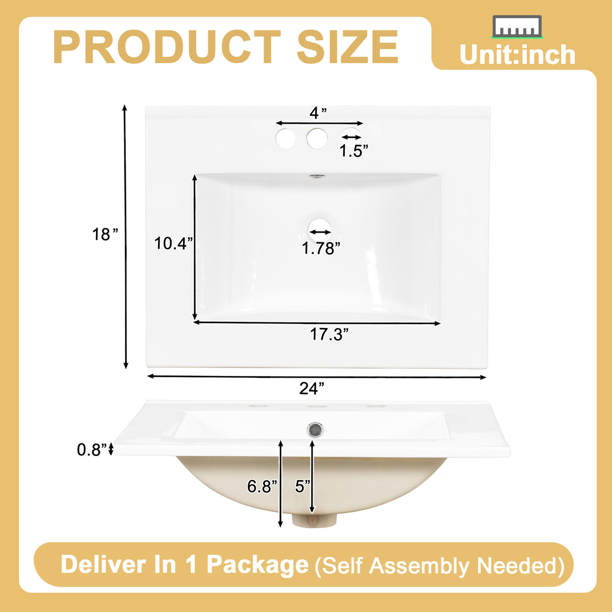 24' Modern Bathroom Vanity with Ceramic Sink, Soft-Close Door, 3 Drawers, Gold Handles, and Door-Mounted Rack for Space-Saving Storage(Old SKU:N729P373272B)