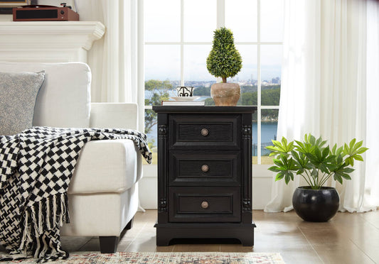 Farmhouse Style 3 Drawer Sofa Side Table with Charging Pedestal, Tall Rustic Wood Square Nightstand with Wooden Base and Roman Posts Rustic Chest of Drawers for Living Room, Bedroom, Office