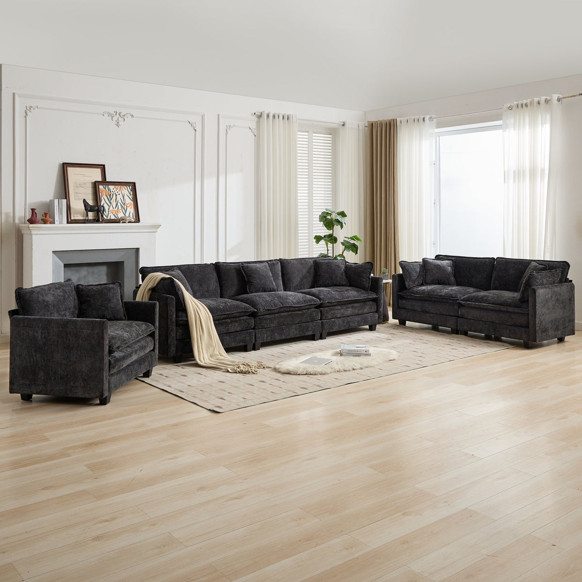 Cloud Sofa 3 Seats (Ottoman is not included), Modern Sectional Couch, Comfy Double Layer Upholstered Seat Cushion – Black