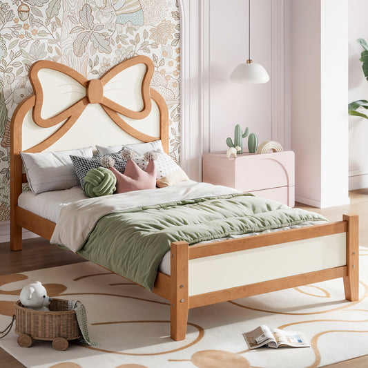 Twin Size Wooden Platform Bed with Bow Headboard, Solid Wood Bed Frame with Slatted Support, Low Profile Platform Bed for Kid Teens Girls, No Box Spring Needed.Pink and White