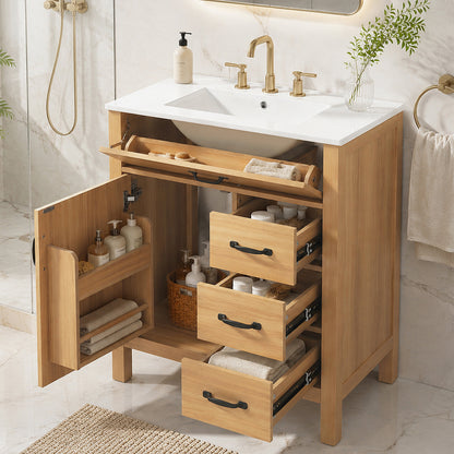 Modern 30 Inch Bathroom Vanity with Ceramic Sink, MDF Cabinet & Solid Wood Legs, Soft Close Drawers, Black Zinc Alloy Handles, Wood Finish