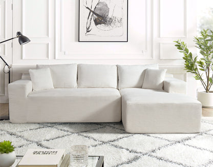 2-Piece Convertible Corduroy L-Shaped Sofa in a Box with Pillows, 3-Seater Modular Sectional Couch, Compressed Living Room Furniture, Beige (Right Facing)