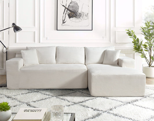 2-Piece Convertible Corduroy L-Shaped Sofa in a Box with Pillows, 3-Seater Modular Sectional Couch, Compressed Living Room Furniture, Beige (Right Facing)