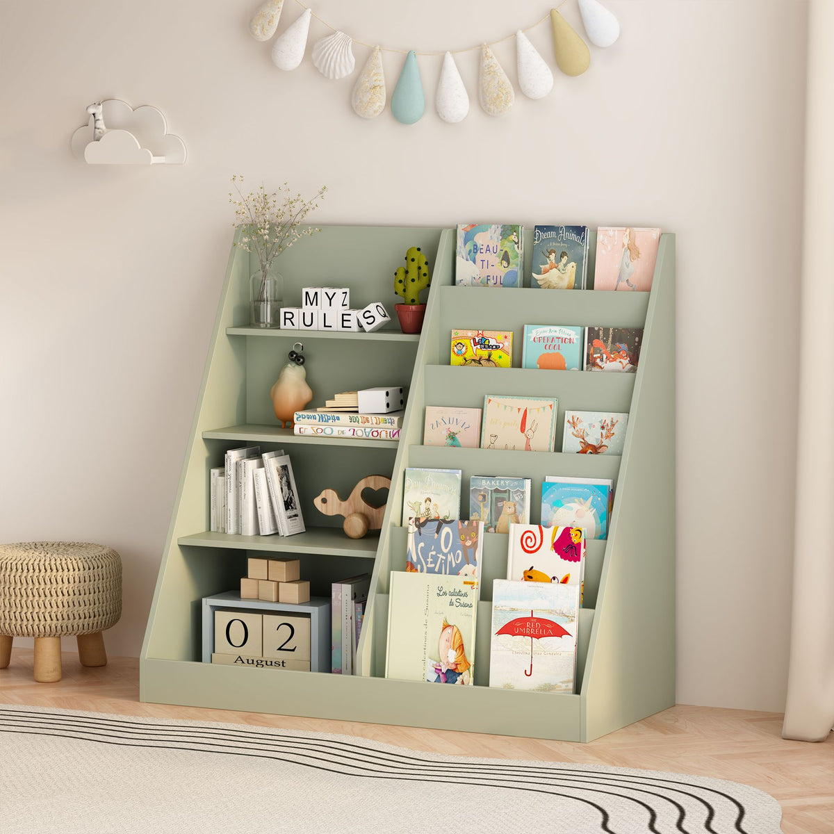 Kids Bookshelf and Toy Storage Organizer, Multifunctional 4 Tier Wooden Kids Book Shelf with  Bookcase Display Stand in Kids Room Playroom Nursery for Kids, Children, Toddlers (Sage)