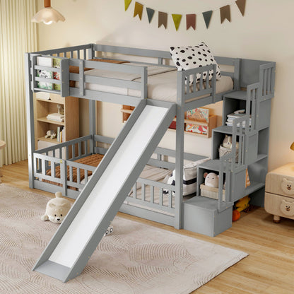 Twin Over twin Bunk Bed with Slide, Storage Staircase, Bedside Storage Rack,LED lights,Pine Solid Wooden Bunk Bed with Safety Guardrails ,Grey