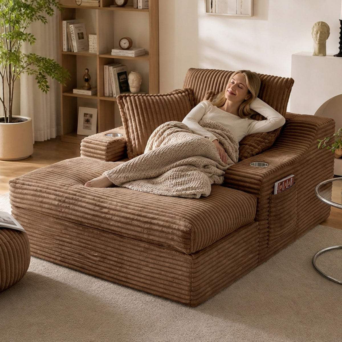 Oversized Chaise Lounge Chair Indoor, 67'' Upholstered Sleeper Sofa Bed with Cup Holders & 3 Pillows