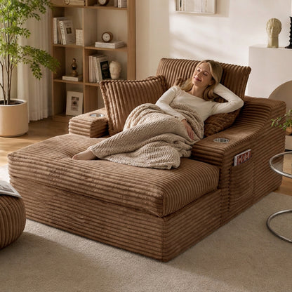 Oversized Chaise Lounge Chair Indoor, 67'' Upholstered Sleeper Sofa Bed with Cup Holders & 3 Pillows