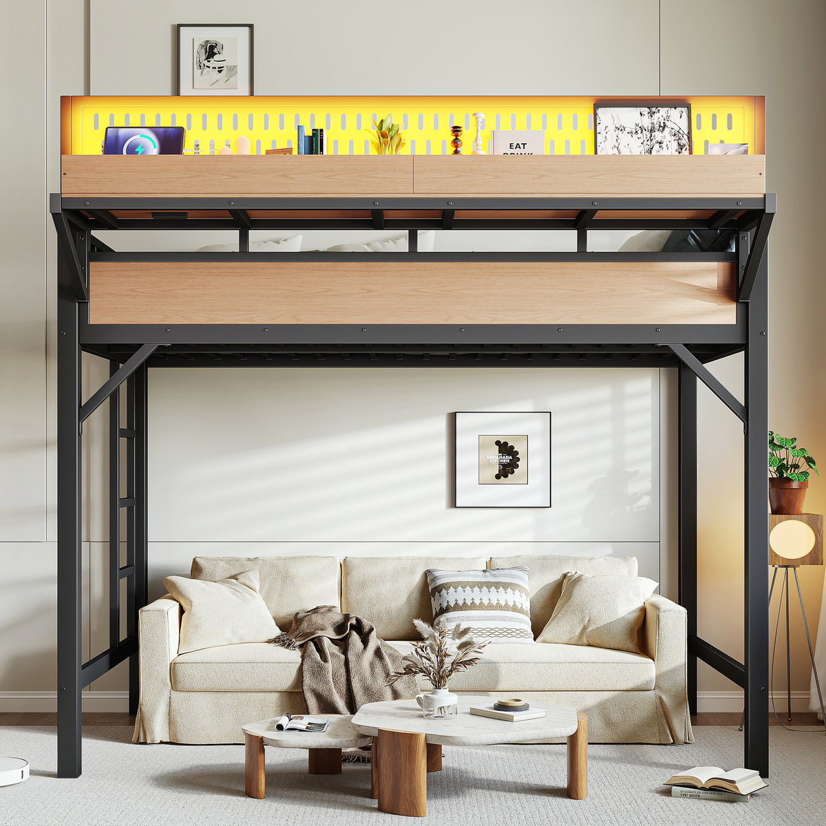 Twin XL size Loft Bed Frame with Storage Shelves and Pegboard, Metal Loft Bed with USB Ports and LED Lights, Safe and Sturdy, Natural