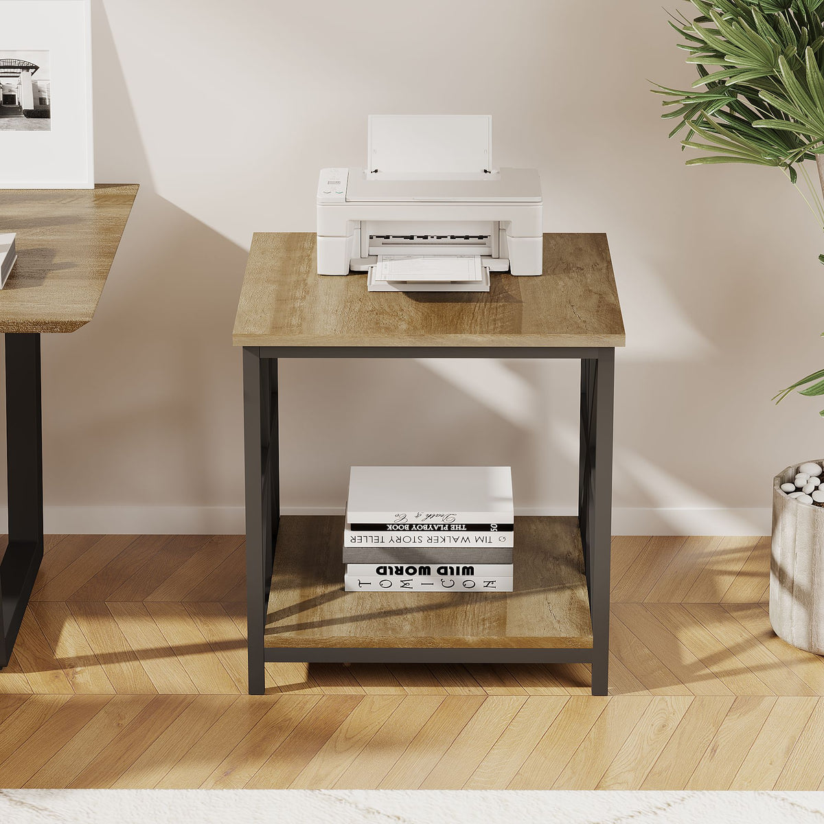 24" End Table with Storage, 2-Tier Side Table with Open Shelves for Living Room, Bedroom Nightstand, Farmhouse Accent Table, Grey Wash
