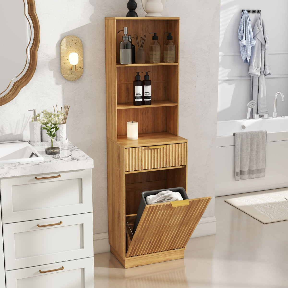 Tall Narrow Fluted Storage Cabinet with 10-Gallon Hidden Trash Bin Compartment, Freestanding Cabinet, Fixed Open Shelves & Drawer, Anti‑Tip for Kitchen Home‑Office Living Room (Trash Can NOT Included)