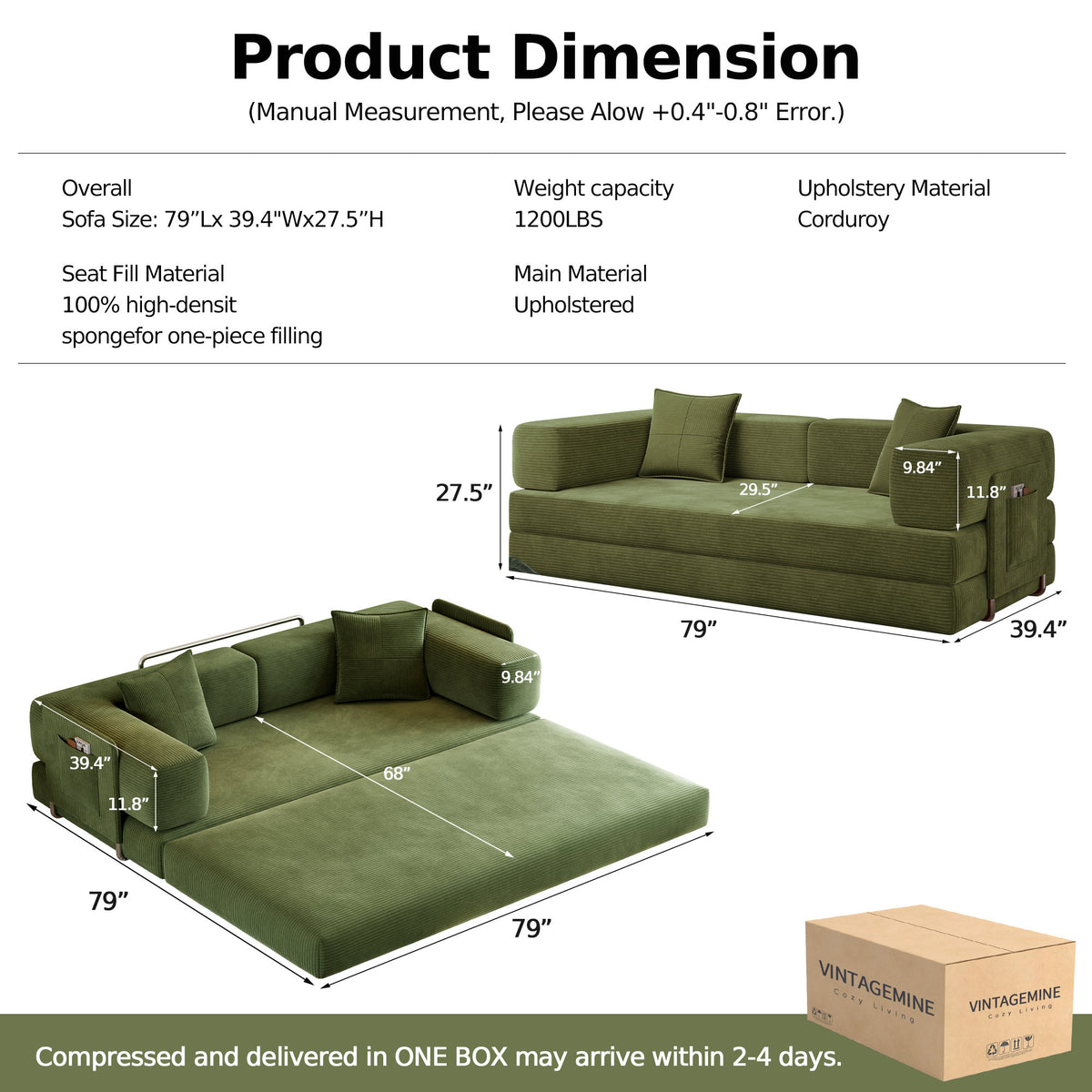79-Inch Teddy Couch Convertible Sleeper Sofa Bed, 5-in-1 Corduroy Floor Sofa with High-Density Foam, Metal Back and Arm Supports, Washable Cover and Side Pockets, Green