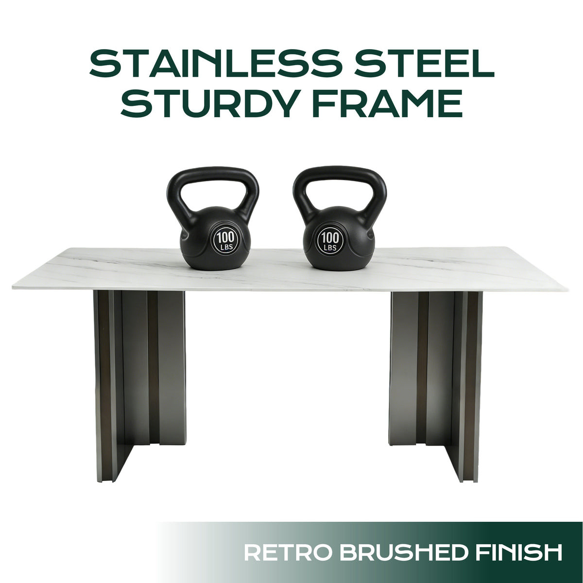 Modern Rectangular Dining Table, Tempered Glass with Marble Texture Top, Matte Gray Brushed Metal Legs, 4-6 Person Capacity, White Marble Finish, 69.30 Inch