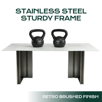 Modern Rectangular Dining Table, Tempered Glass with Marble Texture Top, Matte Gray Brushed Metal Legs, 4-6 Person Capacity, White Marble Finish, 69.30 Inch