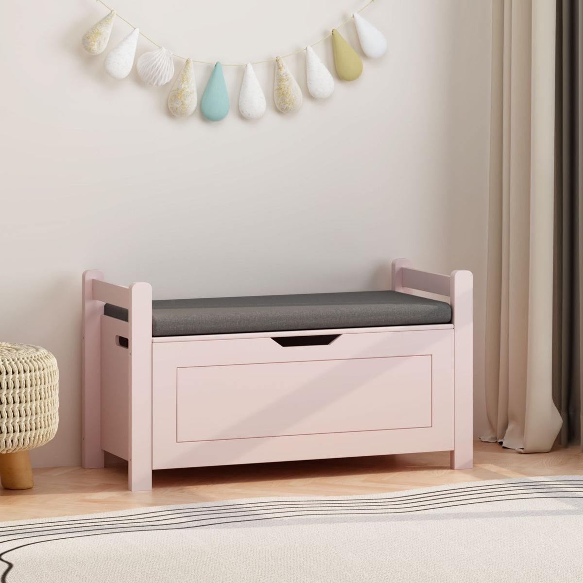 Kids Toy Box Chest for Boys Girls, Large Storage Cabinet with Cushion Seat Bench/ Flip-Top Lid/ Safety Hinge, Toy Storage Organizer Trunk for Nursery, Playroom (Pink)