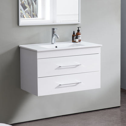 32-Inch White Gloss Wall-Mounted Bathroom Vanity with Double Drawers, Soft-Close System,Ceramic Sink, Create a Modern and Minimalist Bathroom Space!