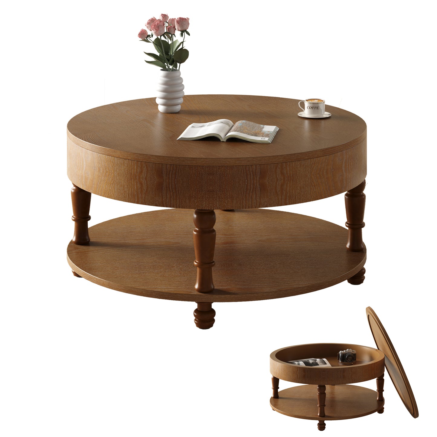 Coffee Table with Dual Storage for Living Room, 31.5' Modern Round Coffee Table with Storage and Hidden Compartment, Adjustable Leveling Feet, Easy Assembly (Walnut)