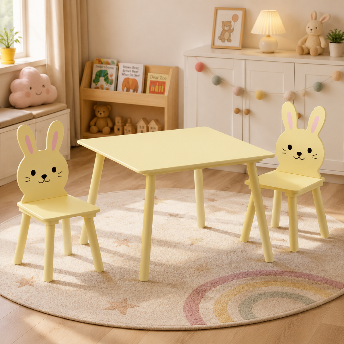 Kids Table and Chair Set with 2 Bunny Chairs, Children's Wooden Activity Table for Toddlers, Cute Animal Design Study Play Set