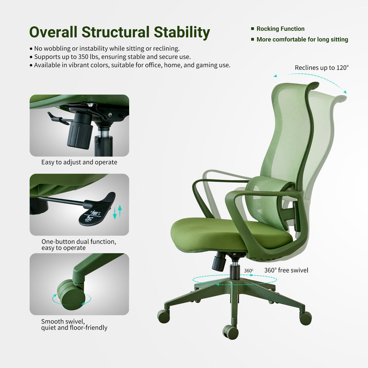 Ergonomic Colorful Office Chair 350LBS Home Office Mesh Breathable High Back, With Adjustable Lumbar Support Computer Chair - Green