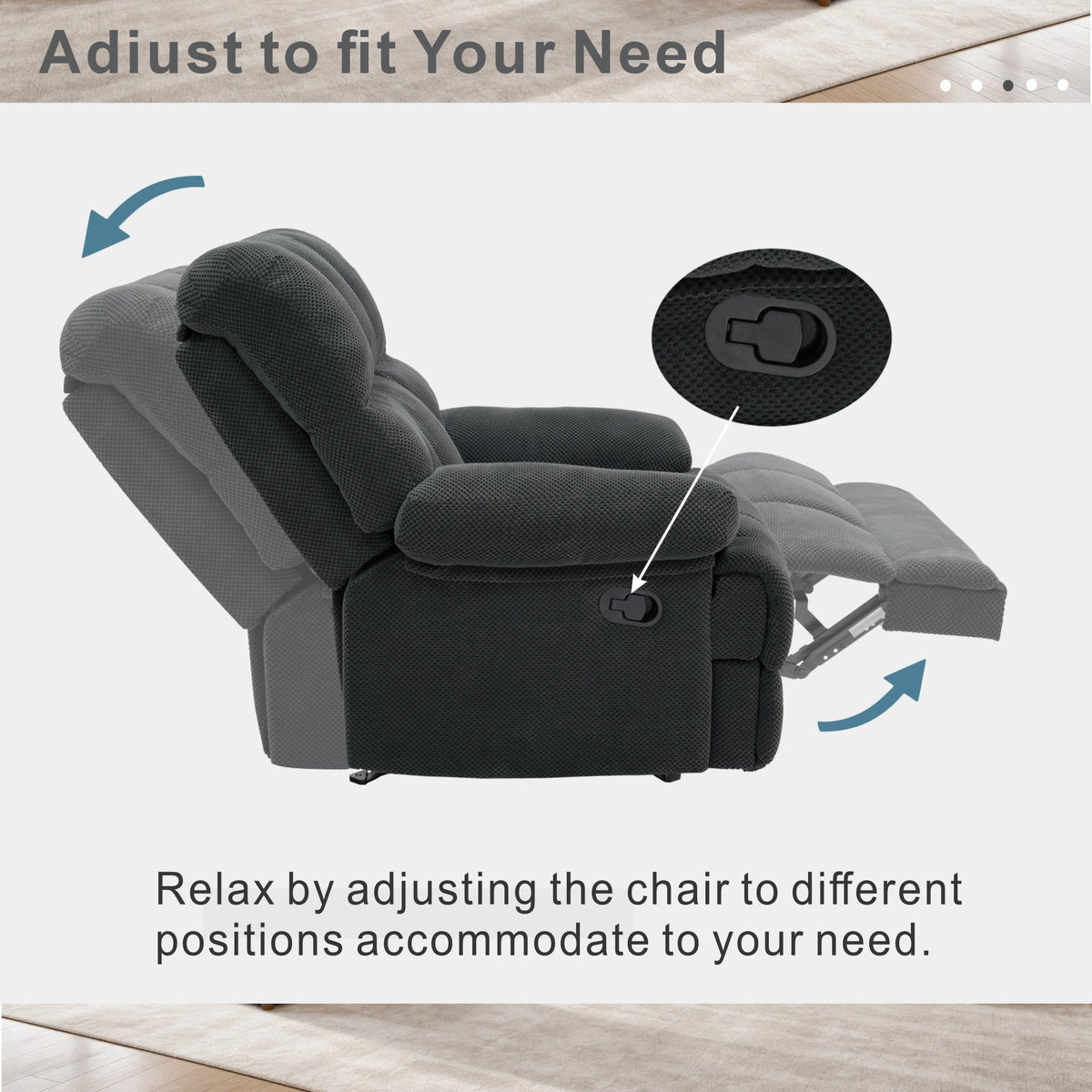 Modern Manual Rocker Recliner Chair with Nubby Upholstery Fabric in Dark Grey, Fabric +Wood and Metal Construction