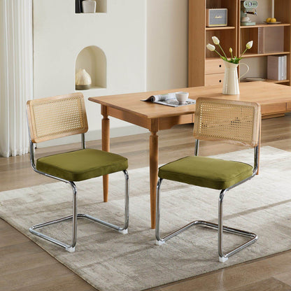 Mid Century Modern Dining Chairs Set of 2, Velvet Accent Chairs with Natural Cane Back & Stainless Chrome Base
