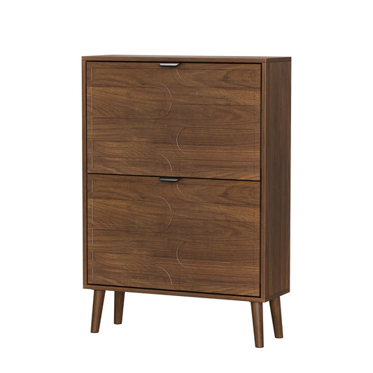 Medieval Modern Independent Shoe Cabinet, 23.62-inch Walnut Storage Unit with 2 Flip Drawers, MDF and Particle Board Construction