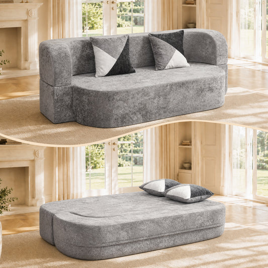 Eggshell Sofa Bed, 78.74" Convertible Boneless Couch with Soft Plush Fabric, 33D High-Density Foam, No Assembly Sleeper Sofa Couch with Pillows for Living Room Bedroom Apartment Home Lounge-SilverGrey