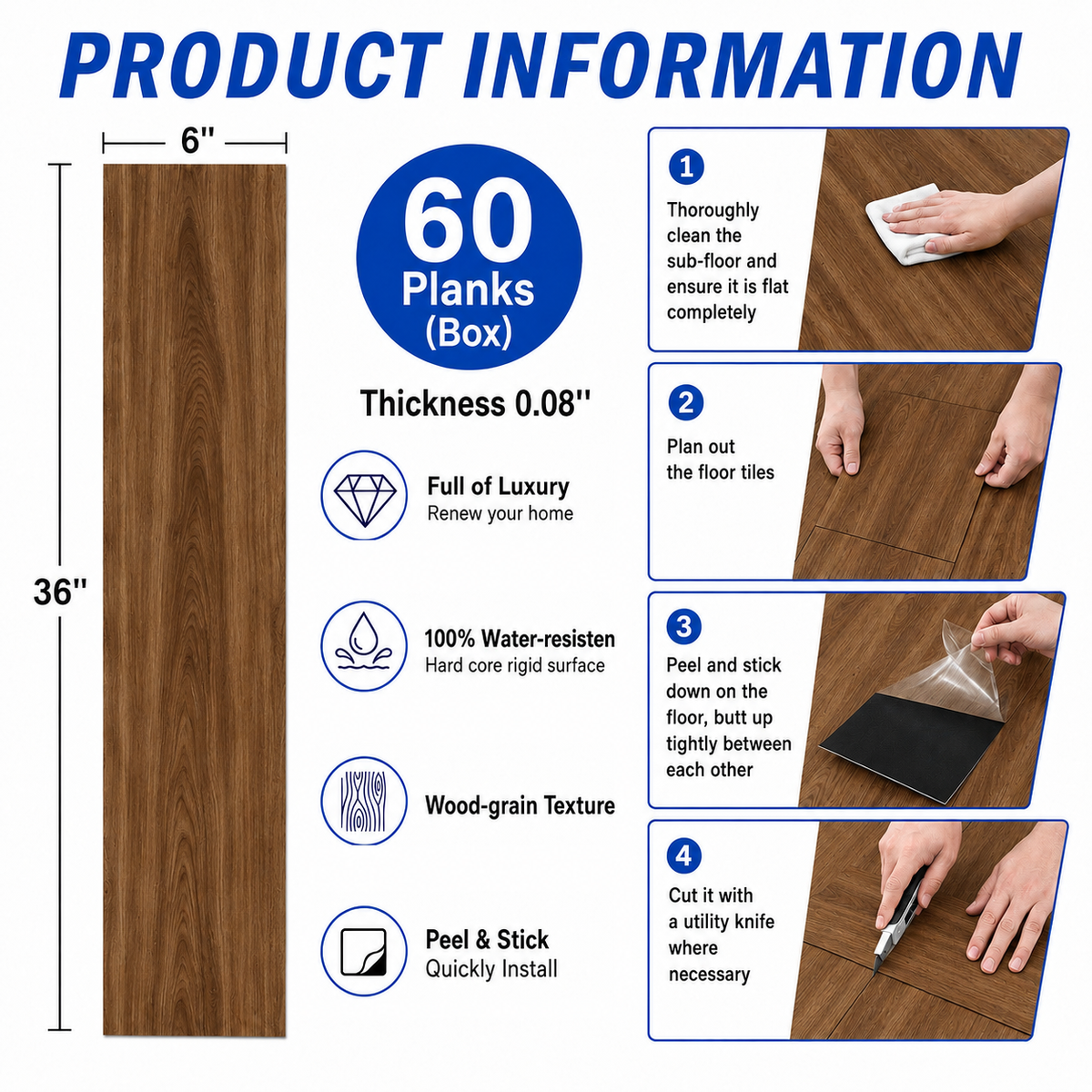 Peel and Stick Vinyl PVC Floor Tile 36x6 inches,60-Pack 90 Sq.Ft,  water-resistant for Transfer Bathroom, Kitchen, Living Room, Bedroom,Brown