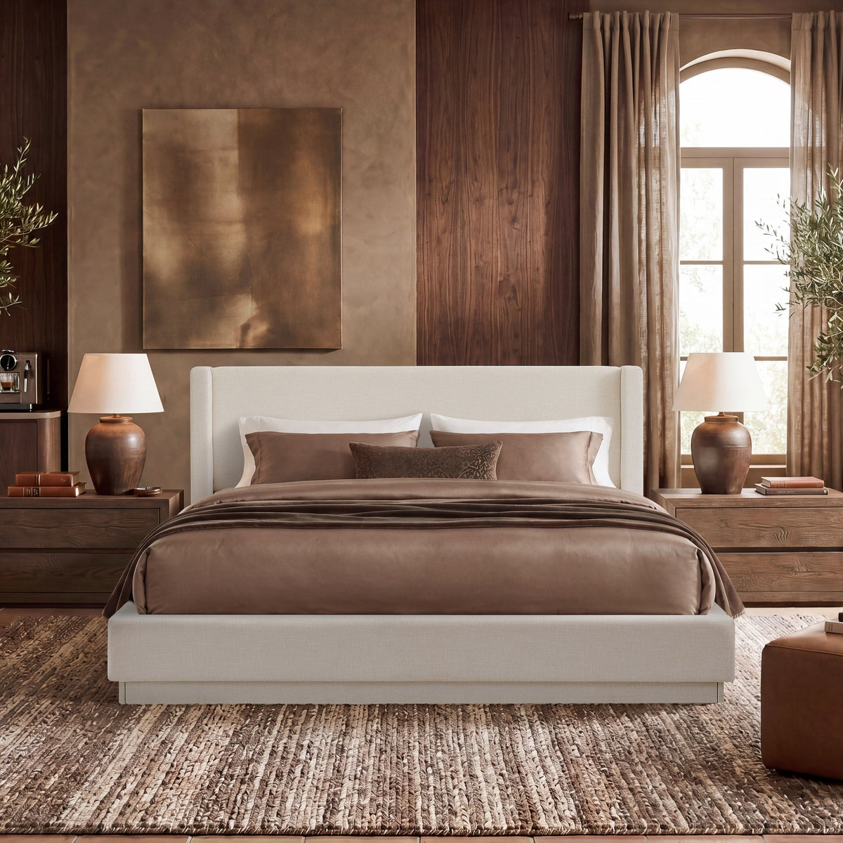 Noir Modern Upholstered Platform Bed Frame with Wingback Headboard/Full Fabric Wrapped Base/Seamless Side Panel Design/Extra Wide Padded Rails/No Box Spring Needed/1000 lbs Support/King