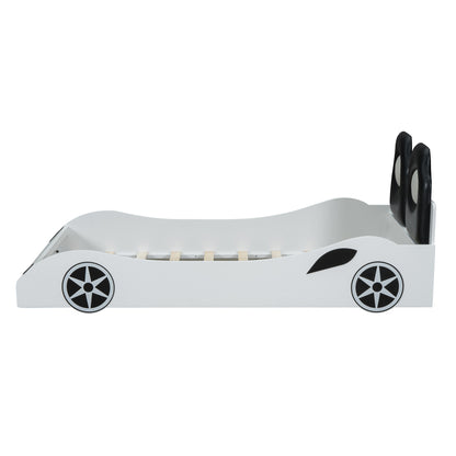 Wood Twin Size Race Car-Shaped Platform Bed with LED and Upholstered Backrest, White