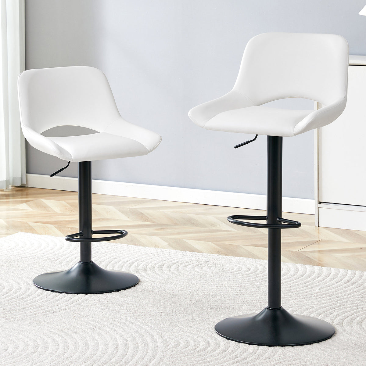 Modern Swivel Adjustable Bar Stools Set - 2 Pack, White PU Material, with Footrest, Holds Up to 250 lbs