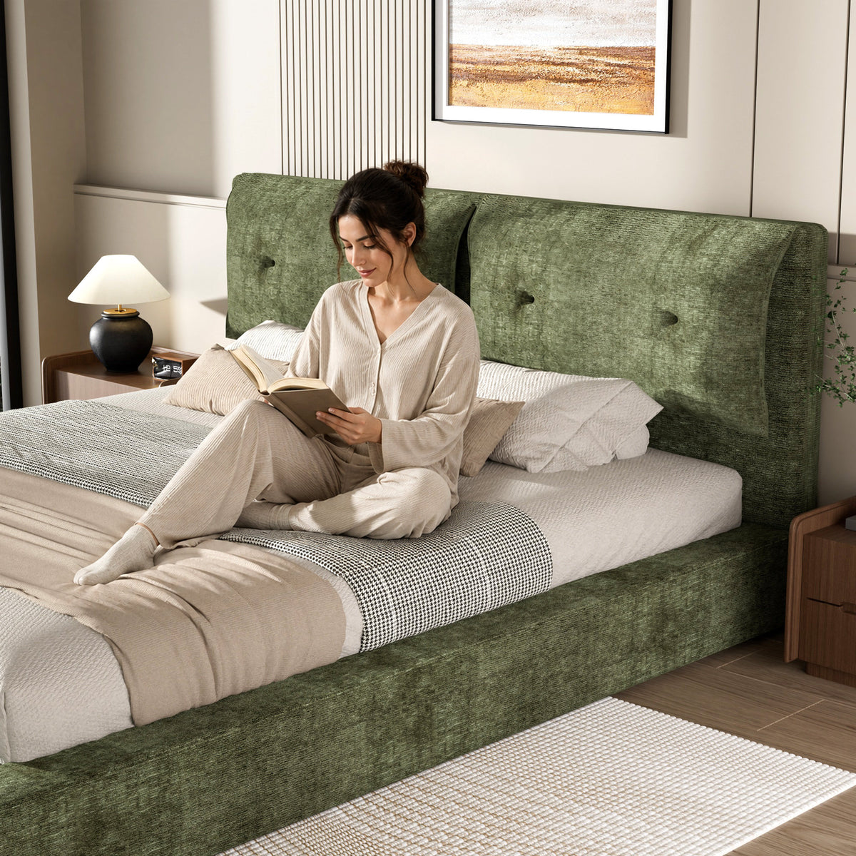 AirFrame Upholstered Bed Frame, a low, cloud-style bed frame with a double-layered upholstered headboard, 360° soft foam edging, and a metal base; easy to assemble; Queen size, Green