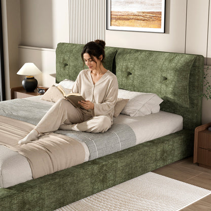 AirFrame Upholstered Bed Frame, a low, cloud-style bed frame with a double-layered upholstered headboard, 360° soft foam edging, and a metal base; easy to assemble; Queen size, Green