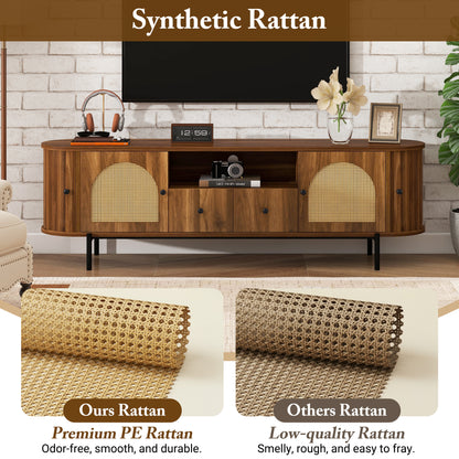 U-Can American Style TV Stand with Rattan Arched Doors, Drawers, Hidden Storage, Steel Legs, Rounded Corners