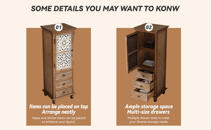 Rustic Wooden Storage Cabinet with Decorative Cutout Door & 3 Drawers, Tall Narrow Organizer for Living Room, Bedroom
