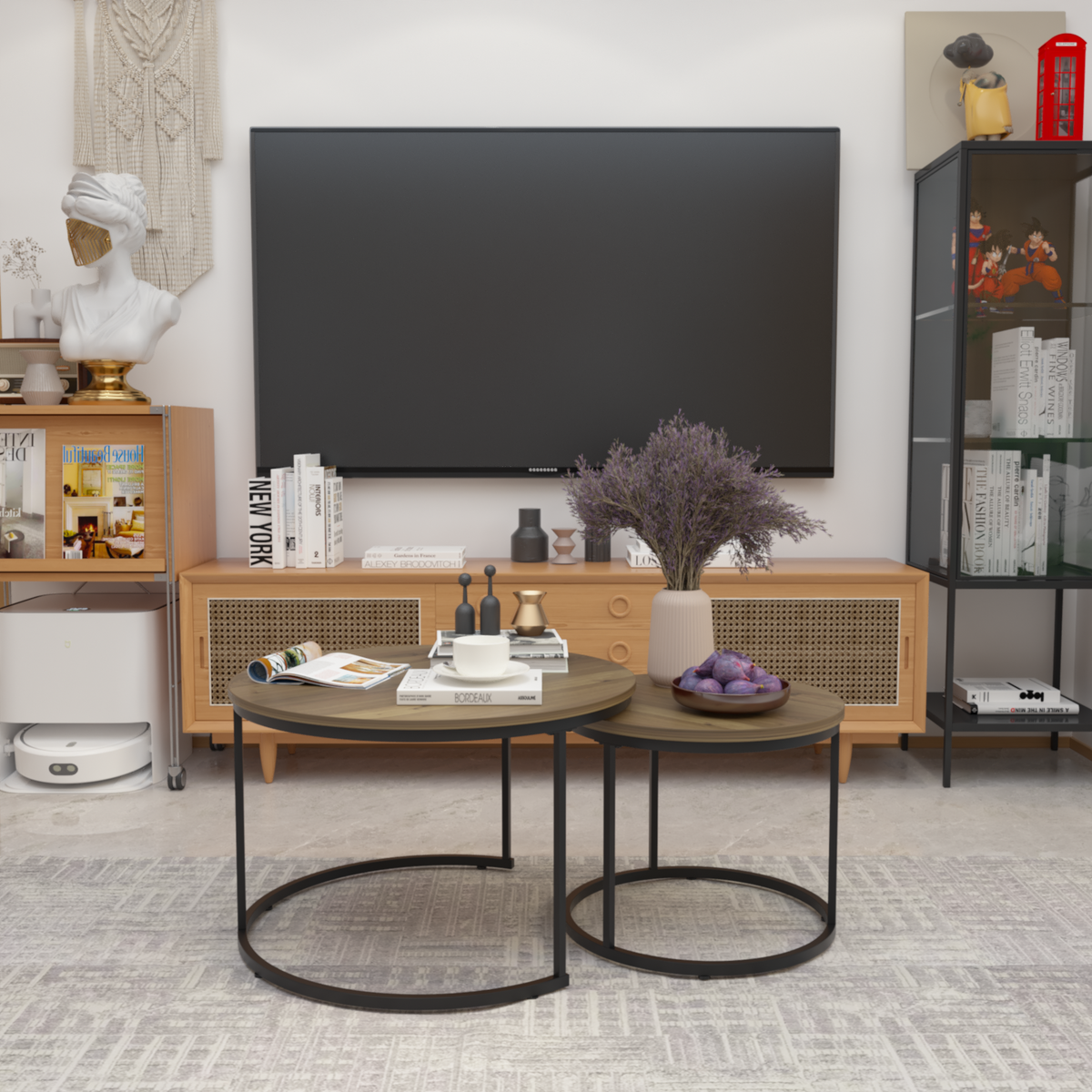 Nesting Coffee Table Set of 2, 27.6inch Round Industrial Wood Finish with Sturdy Metal Frame