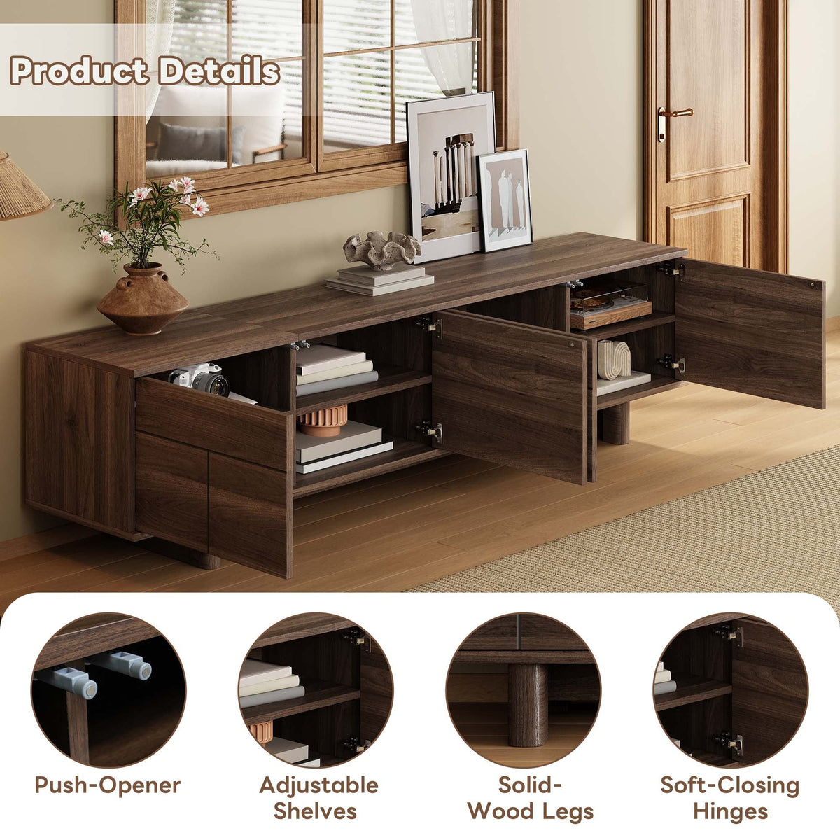 78 inch Modern TV Stand for TVs up to 85 inches, Entertainment Center with Solid Wood Legs, Cable Management, Push-Openers