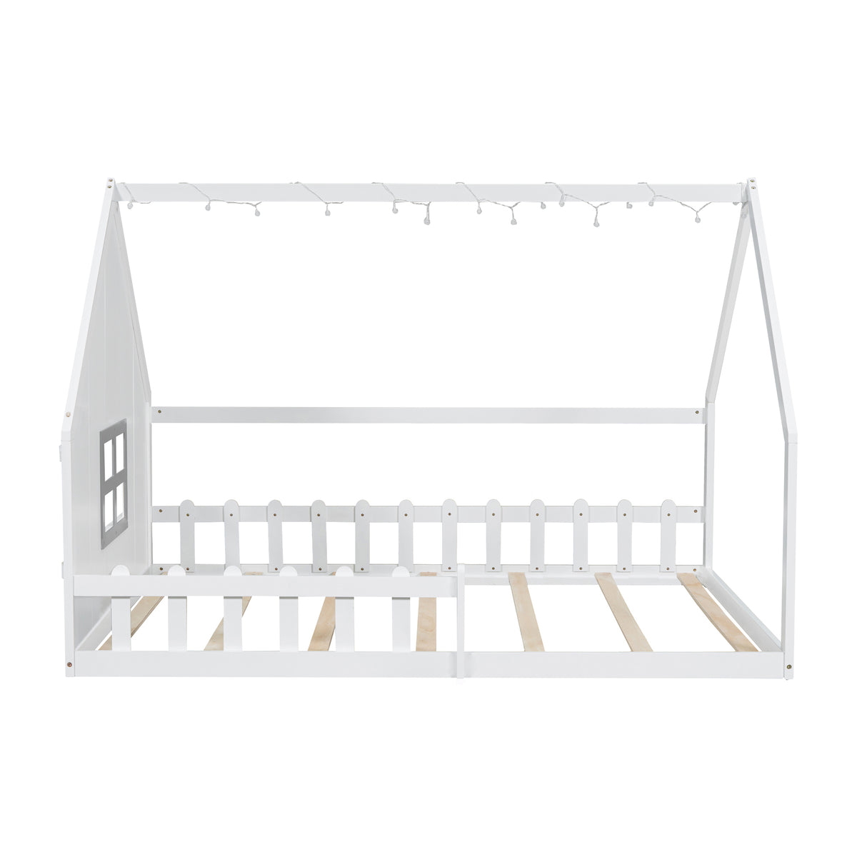 Full Size Wood House Bed with Window and Fence, White (Old SKU: WF304147AAK)