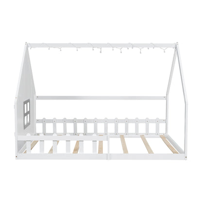 Full Size Wood House Bed with Window and Fence, White (Old SKU: WF304147AAK)