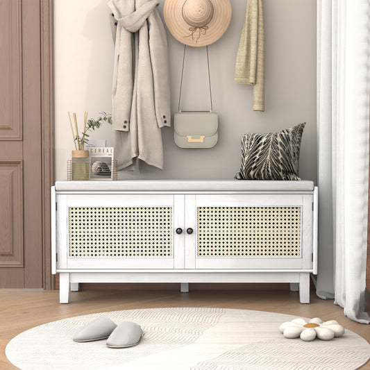 TREXM Boho Rattan Entryway Bench with Storage, Cushioned Shoe Bench with Double Doors, Wooden Shoe Organizer Bench for Entryway and Hallway (White+Beige )