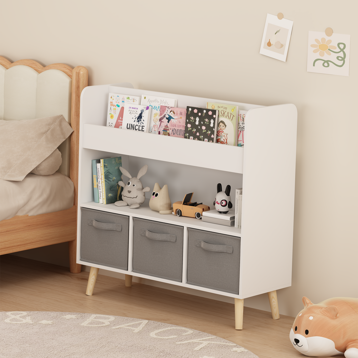 Kids Bookshelf with 3 Fabric Bins, Modern Children's Bookcase with Storage for Toys and Books, Toddler Book Organizer Shelf for Playroom, Bedroom, or Nursery, White and Gray