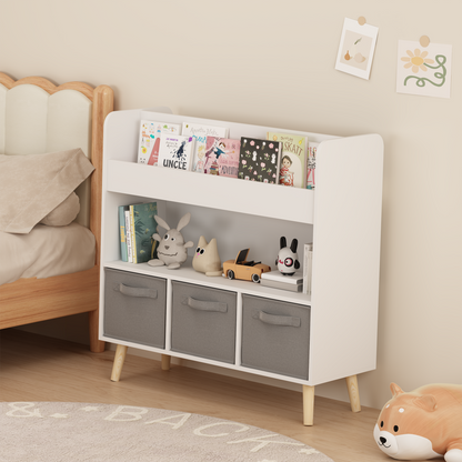 Kids Bookshelf with 3 Fabric Bins, Modern Children's Bookcase with Storage for Toys and Books, Toddler Book Organizer Shelf for Playroom, Bedroom, or Nursery, White and Gray