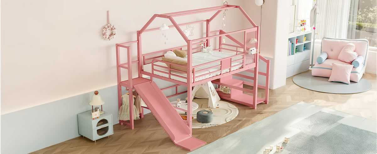 Full House Loft bed with Slide and Stairs, Metal Playhouse Bed with Storage Shelves, House-shaped Roof and Noise-free Design, Pink