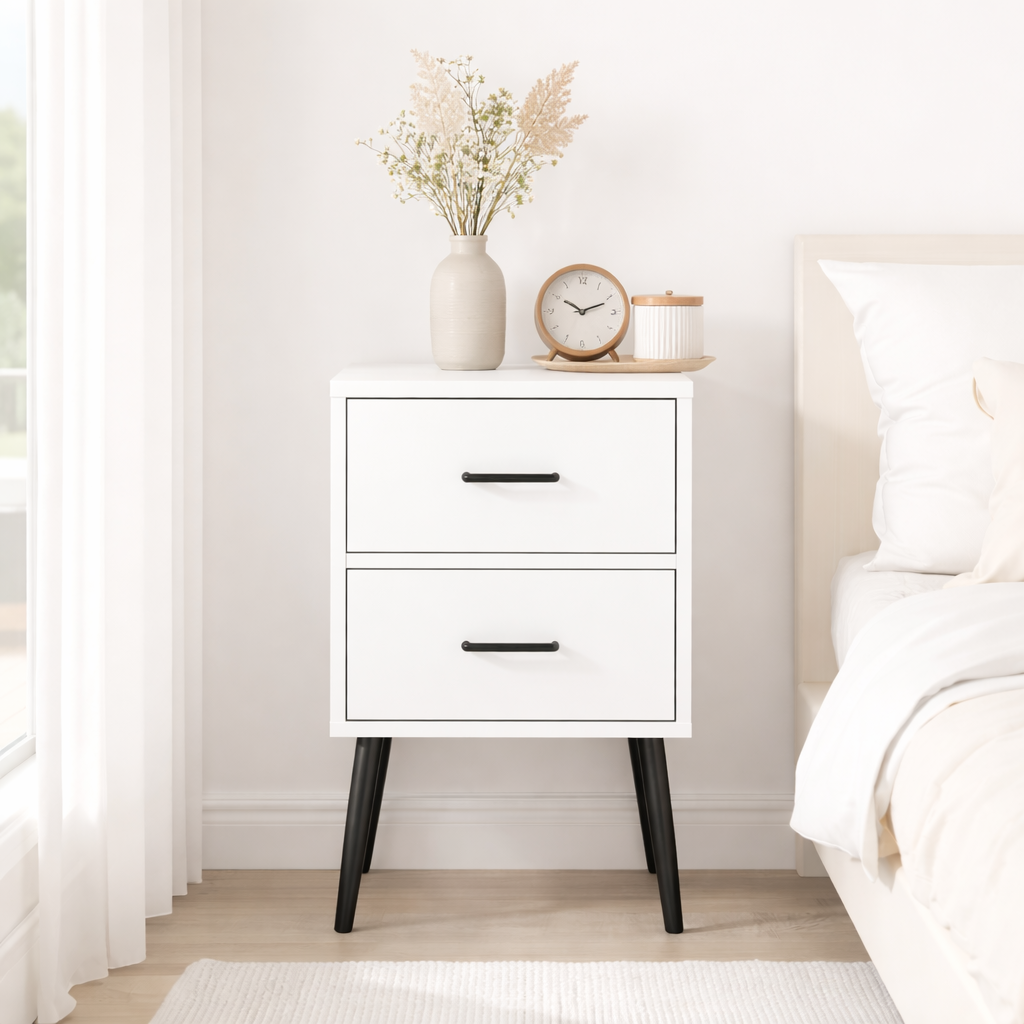 2-Drawer Nightstand with Metal Legs and Metal Handles, Modern White Bedside Table, Small End Table, Living Room or Apartment