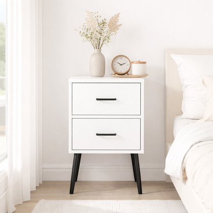 2-Drawer Nightstand with Metal Legs and Metal Handles, Modern White Bedside Table, Small End Table, Living Room or Apartment