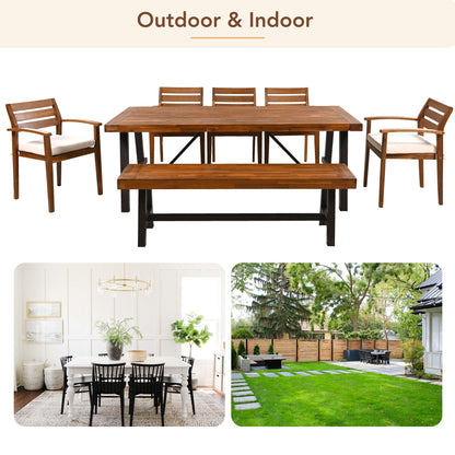 GO Outdoor Wood Dining Set For 7-8 Person, Outdoor Dining Furniture With Removable Cushions, Ergonomic Chairs And Bench, Thicker Table