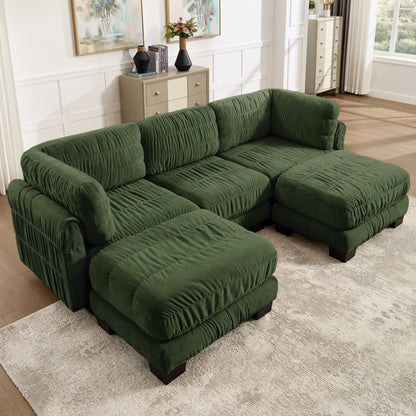 3 Seat Ruched Detailing Chenille Modular Sectional Sofa,Movable 2 Ottomans,High-Density Foam,L Shape Thickened  Back Cushions,Easy Assembly,For Living Room,Bedroom,Green