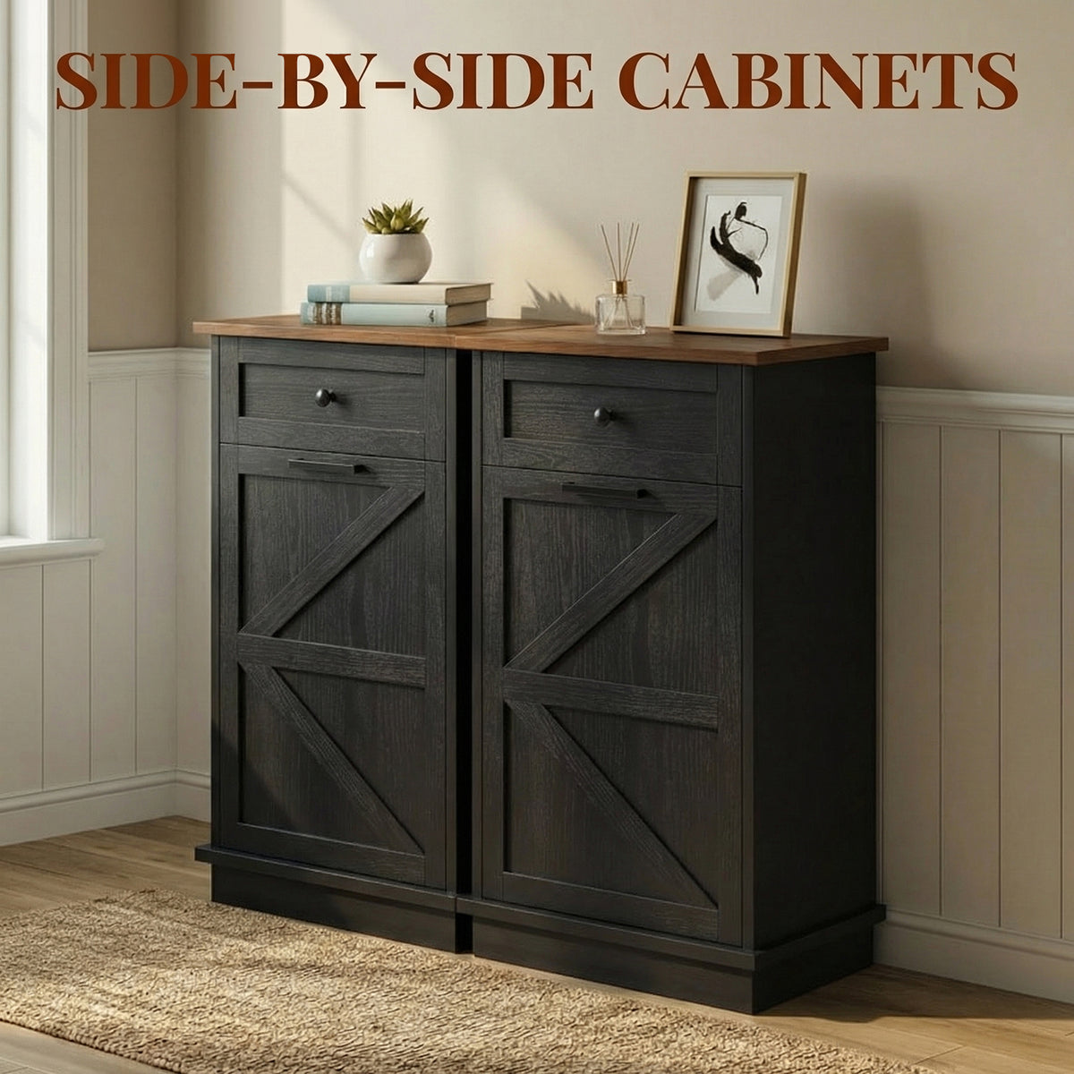 Tilt Out Trash Can Cabinet, 10-Gallon Farmhouse Hidden Garbage Cabinet with Drawer, Dog Proof Wooden Trash Storage Cabinet for Kitchen, Laundry, Living Room, Office