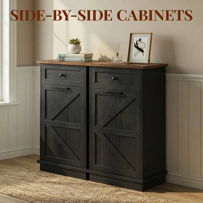 Tilt Out Trash Can Cabinet, 10-Gallon Farmhouse Hidden Garbage Cabinet with Drawer, Dog Proof Wooden Trash Storage Cabinet for Kitchen, Laundry, Living Room, Office